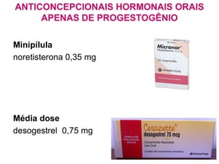 Minipílula
noretisterona 0,35 mg
Média dose
desogestrel 0,75 mg
ANTICONCEPCIONAIS HORMONAIS ORAIS
APENAS DE PROGESTOGÊNIO
 