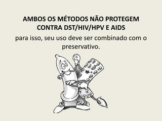 AMBOS OS MÉTODOS NÃO PROTEGEM
CONTRA DST/HIV/HPV E AIDS
para isso, seu uso deve ser combinado com o
preservativo.
 
