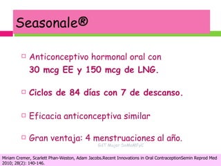 Seasonale ® Anticonceptivo hormonal oral con  30 mcg EE y 150 mcg de LNG. Ciclos de 84 días con 7 de descanso. Eficacia anticonceptiva similar Gran ventaja: 4 menstruaciones al año. GdT Mujer SoMaMFyC Miriam Cremer, Scarlett Phan-Weston, Adam Jacobs.Recent Innovations in Oral ContraceptionSemin Reprod Med 2010; 28(2): 140-146.  