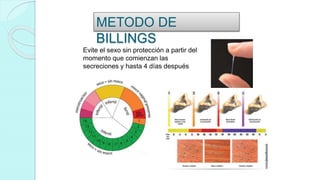 METODO DE
BILLINGS
Evite el sexo sin protección a partir del
momento que comienzan las
secreciones y hasta 4 días después
del “día pico”
 