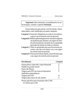 FEBRASGO - Manual de Orientação Anticoncepção
260
Importante: Para orientação e aconselhamento em an-
ticoncepção, consulte o capítulo Orientação.
Os procedimentos para iniciar o uso do método, relacio-
nados abaixo, estão classificados em quatro categorias:
Categoria A: Essencial e obrigatório em todas as circunstânci-
as para o uso do método anticoncepcional.
CategoriaB:Médica/epidemiologicamenteracionalemalgumas
circunstânciasparaotimizarousosegurodométo-
doanticoncepcional,maspodenãoserapropriado
paratodas(os)clientesemtodososcontextos.
Categoria C: Pode ser apropriado para uma boa atenção pre-
ventiva, mas não tem relação com o uso seguro
do método anticoncepcional.
Categoria D:Nãosomentedesnecessários,masirrelevantespara
o uso seguro do método anticoncepcional.
Procedimento
Exame pélvico (especular e toque bimanual)
Medida de pressão arterial
Exame das Mamas
Triagem para DST por testes de laboratório
(indivíduos assintomáticos)
Triagem para HIV
Triagem para câncer de colo uterino
Pontos específicos para orientação sobre LAM:
• Critérios para LAM
Categoria
C
C
C
C
B
C
 