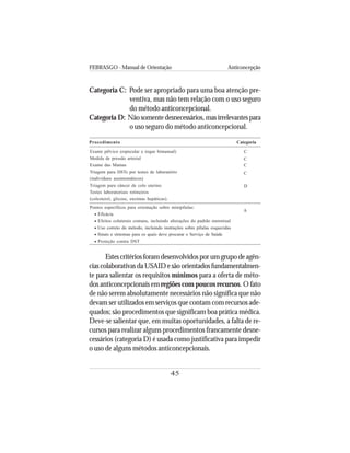 FEBRASGO - Manual de Orientação Anticoncepção
45
Exame pélvico (especular e toque bimanual)
Medida de pressão arterial
Exame das Mamas
Triagem para DSTs por testes de laboratório
(indivíduos assintomáticos)
Triagem para câncer de colo uterino
Testes laboratoriais rotineiros
(colesterol, glicose, enzimas hepáticas).
Pontos específicos para orientação sobre minipílulas:
• Eficácia
• Efeitos colaterais comuns, incluindo alterações do padrão menstrual
• Uso correto do método, incluindo instruções sobre pílulas esquecidas
• Sinais e sintomas para os quais deve procurar o Serviço de Saúde
• Proteção contra DST
A
C
C
C
C
D
Procedimento Categoria
Categoria C: Pode ser apropriado para uma boa atenção pre-
ventiva, mas não tem relação com o uso seguro
do método anticoncepcional.
Categoria D: Nãosomentedesnecessários,masirrelevantespara
o uso seguro do método anticoncepcional.
Estescritériosforamdesenvolvidosporumgrupodeagên-
cias colaborativas da USAID e são orientados fundamentalmen-
te para salientar os requisitos mínimos para a oferta de méto-
dos anticoncepcionais em regiões com poucos recursos. O fato
de não serem absolutamente necessários não significa que não
devam ser utilizados em serviços que contam com recursos ade-
quados; são procedimentos que significam boa prática médica.
Deve-se salientar que, em muitas oportunidades, a falta de re-
cursos para realizar alguns procedimentos francamente desne-
cessários (categoria D) é usada como justificativa para impedir
o uso de alguns métodos anticoncepcionais.
 