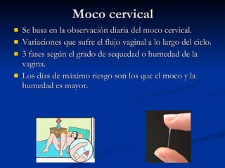 Moco cervical Se basa en la observación diaria del moco cervical. Variaciones que sufre el flujo vaginal a lo largo del ciclo. 3 fases según el grado de sequedad o humedad de la vagina. Los días de máximo riesgo son los que el moco y la humedad es mayor. 