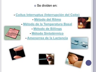 Métodos químicos y hormonales   Su acción principal es la inhibición de la ovulación, mediante el bloqueo de los estímulos que recibe el ovario de la hipófisis para producir óvulos.Además, las hormonas hacen que el moco se espese y el cuello uterino se vuelva impenetrable para los espermatozoides. Además, las hormonas hacen que el moco se espese y el cuello uterino se vuelva impenetrable para los espermatozoides.VENTAJAS:Regula el ciclo menstrual, disminuye el flujo y atenúa los dolores, además de reducir el riesgo de anemia y cáncer de ovario, endometrio y colon. DESVENTAJAS:     No protege contra las enfermedades de transmisión sexual (por lo que se recomienda complementar su uso con métodos de barrera) y puede provocar efectos secundarios, tales como cefalea y disminución de la libido.