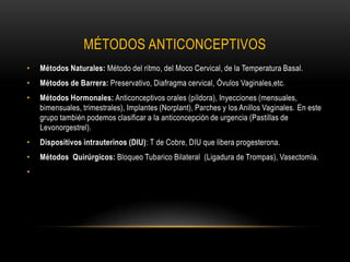 MÉTODOS ANTICONCEPTIVOS
•   Métodos Naturales: Método del ritmo, del Moco Cervical, de la Temperatura Basal.
•   Métodos de Barrera: Preservativo, Diafragma cervical, Óvulos Vaginales,etc.
•   Métodos Hormonales: Anticonceptivos orales (píldora), Inyecciones (mensuales,
    bimensuales, trimestrales), Implantes (Norplant), Parches y los Anillos Vaginales. En este
    grupo también podemos clasificar a la anticoncepción de urgencia (Pastillas de
    Levonorgestrel).
•   Dispositivos intrauterinos (DIU): T de Cobre, DIU que libera progesterona.
•   Métodos Quirúrgicos: Bloqueo Tubarico Bilateral (Ligadura de Trompas), Vasectomía.
•
 