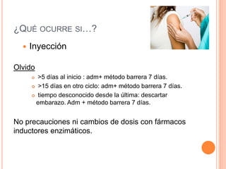 ¿QUÉ OCURRE SI…?
 Inyección
Olvido
 >5 días al inicio : adm+ método barrera 7 días.
 >15 días en otro ciclo: adm+ método barrera 7 días.
 tiempo desconocido desde la última: descartar
embarazo. Adm + método barrera 7 días.
No precauciones ni cambios de dosis con fármacos
inductores enzimáticos.
 