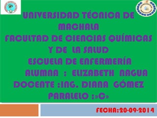 UNIVERSIDAD TÉCNICA DE MACHALA FACULTAD DE CIENCIAS QUÍMICAS Y DE LA SALUD ESCUELA DE ENFERMERÍA ALUMNA : ELIZABETH NAGUA DOCENTE :ING. DIANA GÓMEZ PARALELO :»C» 
FECHA:20-09-2014  