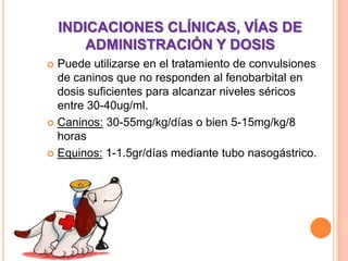 INDICACIONES CLÍNICAS, VÍAS DE
ADMINISTRACIÓN Y DOSIS
 Puede utilizarse en el tratamiento de convulsiones
de caninos que no responden al fenobarbital en
dosis suficientes para alcanzar niveles séricos
entre 30-40ug/ml.
 Caninos: 30-55mg/kg/días o bien 5-15mg/kg/8
horas
 Equinos: 1-1.5gr/días mediante tubo nasogástrico.
 