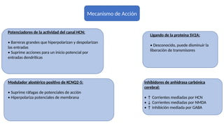 Mecanismo de Acción
Potenciadores de la actividad del canal HCN:
• Barreras grandes que hiperpolarizan y despolarizan
las entradas
• Suprime acciones para un inicio potencial por
entradas dendríticas
Modulador alostérico positivo de KCNQ2-5:
• Suprime ráfagas de potenciales de acción
• Hiperpolariza potenciales de membrana
Ligando de la proteína SV2A:
• Desconocido, puede disminuir la
liberación de transmisores
Inhibidores de anhidrasa carbónica
cerebral:
• ↑ Corrientes mediadas por HCN
• ↓ Corrientes mediadas por NMDA
• ↑ Inhibición mediada por GABA
 