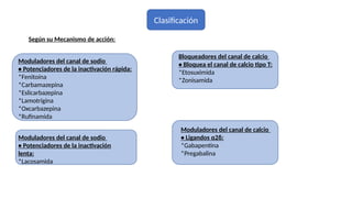 Clasificación
Según su Mecanismo de acción:
Moduladores del canal de sodio
• Potenciadores de la inactivación rápida:
*Fenitoína
*Carbamazepina
*Eslicarbazepina
*Lamotrigina
*Oxcarbazepina
*Rufinamida
Moduladores del canal de sodio
• Potenciadores de la inactivación
lenta:
*Lacosamida
Bloqueadores del canal de calcio
• Bloquea el canal de calcio tipo T:
*Etosuximida
*Zonisamida
Moduladores del canal de calcio
• Ligandos α2δ:
*Gabapentina
*Pregabalina
 