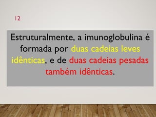 12
Estruturalmente, a imunoglobulina é
formada por duas cadeias leves
idênticas, e de duas cadeias pesadas
também idênticas.
 