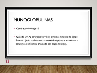 IMUNOGLOBULINAS
• Como tudo começa????
• Quando um Ag atravessa barreiras externas naturais do corpo
humano (pele, enzimas outras secreções) penetra na corrente
sanguínea ou linfática, chegando aos órgão linfóides.
15
 