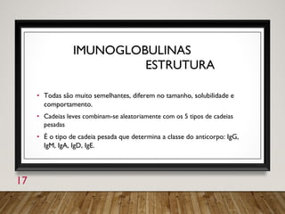 IMUNOGLOBULINAS
ESTRUTURA
• Todas são muito semelhantes, diferem no tamanho, solubilidade e
comportamento.
• Cadeias leves combinam-se aleatoriamente com os 5 tipos de cadeias
pesadas
• É o tipo de cadeia pesada que determina a classe do anticorpo: IgG,
IgM, IgA, IgD, IgE.
17
 