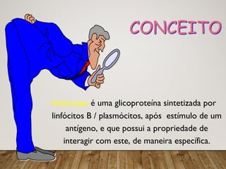 2 CONCEITO
Anticorpo é uma glicoproteína sintetizada por
linfócitos B / plasmócitos, após estímulo de um
antígeno, e que possui a propriedade de
interagir com este, de maneira específica.
 