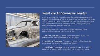 Anticorrosive paints are coatings formulated to prevent or
significantly delay the onset of corrosion on metallic surfaces.
These paints act as a protective barrier, preventing moisture,
air, and other corrosive elements from coming into direct
contact with the metal substrate.
Anticorrosive paints can be classified based on their
composition and mechanism of action:
1. Barrier Coatings: Create an impermeable layer that
prevents the passage of water and oxygen.
2. Inhibitive Coatings: Contain corrosion inhibitors that
neutralise the effects of corrosive agents.
3. Sacrificial Coatings: Include elements like zinc, which
corrode preferentially, protecting the underlying metal.
What Are Anticorrosive Paints?
 