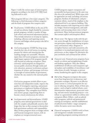Figure 3 ranks the various types of anticorruption            USAID programs support transparent and
         programs according to the level of FY 2002 fund-              accountable local government in the same way
         ing dedicated to each.                                        they do at the national level. While many simi­
                                                                       lar approaches are used, including civil society
         Most programs fall into a few major categories. The           programs, freedom of information, and pro-
         following is a brief discussion of those categories           curement reform, much of the emphasis at the
         and the kinds of programs that comprise each.                 subnational level is on capacity building. This
                                                                       includes assistance with improving service deliv­
         ■    Fiscal/customs. USAID efforts in the area of fis­        ery, budget, financial management, and audit
              cal and tax reforms, largely funded by economic          capacity, and increasing citizen voice in local
              growth programs, include a number of large-              government. Many local government programs
              scale reform and structural adjustment projects.         also contain explicit anticorruption efforts.
              They include initiatives to revamp tax regimes,
              including collection and reporting systems.          ■   Private sector. The Agency works with the pri-
              Customs and budget reform projects also fall in          vate sector through the establishment of corpo­
              this category.                                           rate governance regimes and training on gover­
                                                                       nance and business ethics. Programs to
         ■    Civil society programs. USAID has long recog­            strengthen business and trade associations also
              nized the key role of civil society in creating          contribute to increased participation and com­
              pressure for reform and ensuring that the                petitiveness, as does support for alternative dis-
              resulting changes are sustainable. Missions              pute resolution and commercial law reform.
              report that civil society programs constitute the
              single largest segment of the programs specifi­      ■   Financial sector. Financial sector programs focus
              cally focused on reducing corruption. These              mainly on reform and strengthening of banks
              extremely varied programs are designed to                and banking regulation. They also address
              increase public awareness through media and              establishment of efficient and transparent capi­
              civic education, promote involvement and par-            tal markets and availability of microfinance and
              ticipation of citizens, and encourage civil socie­       other forms of credit. Strategies to prevent
              ty oversight of various bodies of government,            money laundering also appear in this category.
              whether the city council or the national parlia­
              ment.                                                ■   Rule of law. Programs to improve the justice
                                                                       sector have long been key to democracy and
              Civil society programs include efforts to pro-           governance strategies. Recourse to an effective
              mote free and independent media, improve the             justice system is a critical prerequisite for suc­
              quality of investigative reporting, and pressure         cess in reducing corruption. Many of these pro-
              government to implement freedom of informa-              grams—such as legal or judicial reform, court
              tion legislation. They strengthen local NGOs             administration improvements, prosecutor train-
              and citizens’ groups, empowering them to                 ing, and anti-money laundering projects—con-
              become critical constituencies for reform.               tribute to a government’s ability to enforce anti­
                                                                       corruption efforts. Others—such as judicial
         ■    Local government and decentralization. USAID             ethics programs, judicial and prosecutorial
              programs assist national governments to deal             training on corruption, and the establishment
              with the complex and politically sensitive chal­         of judicial review bodies—target corruption
              lenges they face as they attempt to decentralize         within the justice sector more directly.
              both government authority and responsibility.
              Most of these programs focus on budget reform        ■   Financial management. USAID’s work in finan­
              and financial management matters, with an                cial management includes institutional
              emphasis on intergovernmental issues.                    strengthening programs assisting ministries of

32   USAID Anticorruption Strategy
 