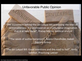 Unfavorable Public Opinion




            “The movement behind the Jan Lokpal Bill is crossing the lines of
               reasonableness. It is premised on an institutional imagination
                   that is at best naïve”, Pratap Mehta, political analyst

                    “The seeds of authoritarianism”, Neera Chandhoke, Indian
                                           Express Group

           “The Jan Lokpal Bill: Good intentions and the road to hell”, Amba
                                 Salelkar, Practicing Lawyer

http://images.indiascanner.com/image/2011/04/Jan-Lokpal-Bill.jpg
 