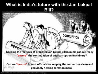 What is India’s future with the Jan Lokpal
                             Bill?




          Keeping the features of proposed Jan Lokpal Bill in mind, can we really
                 “ensure” the continuation of anti-corruption machinery?

           Can we “ensure” honest officials for keeping the committee clean and
                             genuinely helping common man?
http://www.indiabuzzing.com/wp-content/uploads/alarming-level-of-corruption-in-india1jpeg.jpg
 