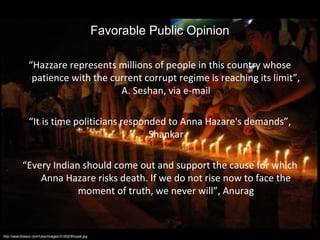 Favorable Public Opinion

              “Hazzare represents millions of people in this country whose
               patience with the current corrupt regime is reaching its limit”,
                                   A. Seshan, via e-mail

              “It is time politicians responded to Anna Hazare's demands”,
                                            Shankar

           “Every Indian should come out and support the cause for which
               Anna Hazare risks death. If we do not rise now to face the
                        moment of truth, we never will”, Anurag



http://searchwarp.com/UserImages/31552/Bhopal.jpg
 