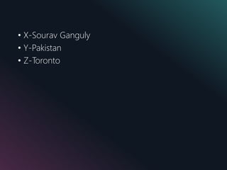 • X-Sourav Ganguly
• Y-Pakistan
• Z-Toronto
 