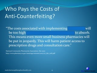 Who Pays the Costs of
Anti-Counterfeiting?
“The costs associated with implementing E-pedigree will
be too high for some California pharmacists to absorb.
This means even more small business pharmacies will
be put in jeopardy. This will harm patient access to
prescription drugs and consultation care.”
National Community Pharmacists Association, Dec 2007
http://www.pharmacy.ca.gov/meetings/minutes/2007/07_dec_enf1.pdf
mark.davison@bluespherehealth.com 15
 
