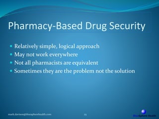Pharmacy-Based Drug Security
 Relatively simple, logical approach
 May not work everywhere
 Not all pharmacists are equivalent
 Sometimes they are the problem not the solution
mark.davison@bluespherehealth.com 25
 
