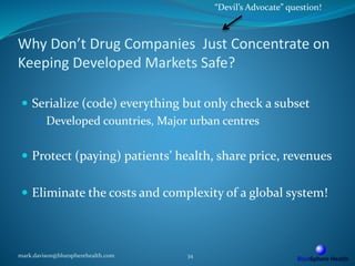 Why Don’t Drug Companies Just Concentrate on
Keeping Developed Markets Safe?
 Serialize (code) everything but only check a subset
 Developed countries, Major urban centres
 Protect (paying) patients’ health, share price, revenues
 Eliminate the costs and complexity of a global system!
mark.davison@bluespherehealth.com 34
“Devil’s Advocate” question!
 