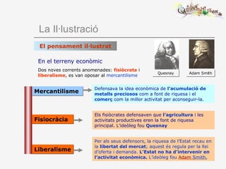   La Il·lustració El pensament il·lustrat En el terreny econòmic Dos noves corrents anomenades:  fisiòcrata  i  liberalisme , es van oposar al  mercantilisme Fisiocràcia Liberalisme Els fisiòcrates defensaven que  l’agricultura  i les activitats productives eren la font de riquesa principal. L’ideòleg fou  Quesnay Mercantilisme Defensava la idea econòmica de  l’acumulació de metalls preciosos  com a font de riquesa i el  comerç  com la millor activitat per aconseguir-la. Per als seus defensors, la riquesa de l’Estat recau en la  libertat del mercat ; aquest és regula per la llei d’oferta i demanda.  L’Estat no ha d’intervenir en l’activitat econòmica.  L’ideòleg fou  Adam  Smith . Quesnay Adam Smith 