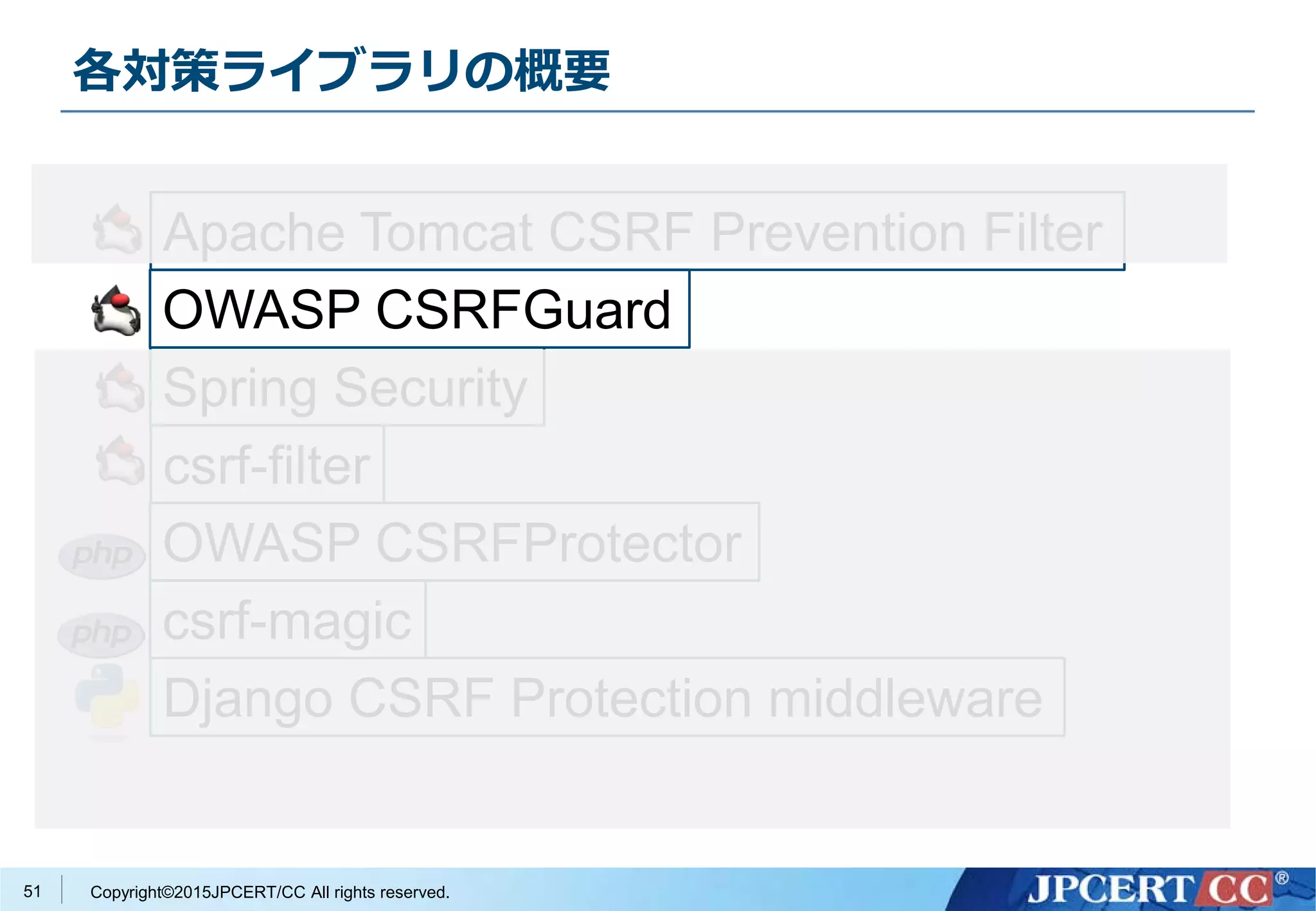 Copyright©2015JPCERT/CC All rights reserved.
各対策ライブラリの概要
51
Apache Tomcat CSRF Prevention Filter
OWASP CSRFGuard
Spring Security
csrf-filter
OWASP CSRFProtector
csrf-magic
Django CSRF Protection middleware
 
