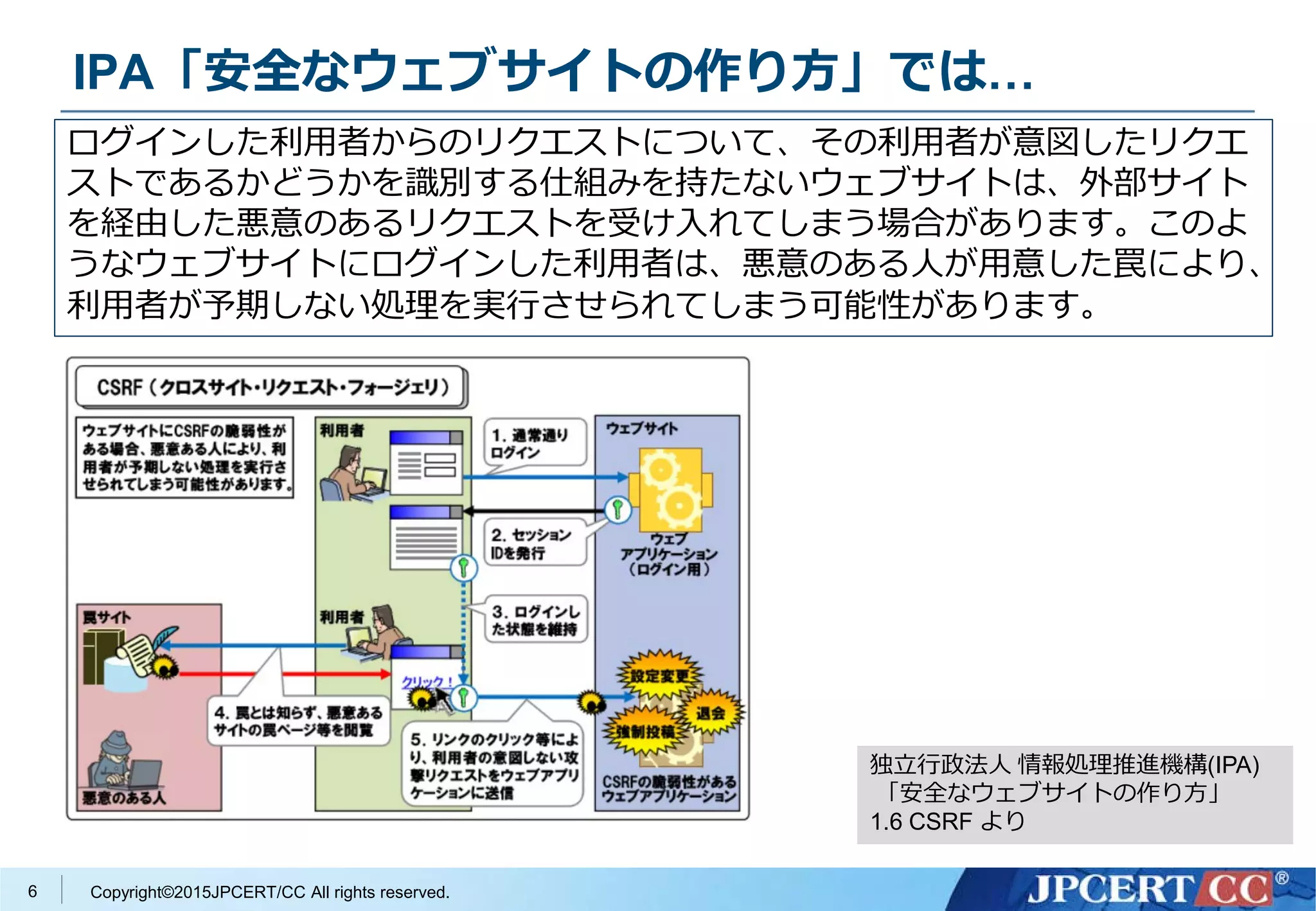 Copyright©2015JPCERT/CC All rights reserved.
ログインした利用者からのリクエストについて、その利用者が意図したリクエ
ストであるかどうかを識別する仕組みを持たないウェブサイトは、外部サイト
を経由した悪意のあるリクエストを受け入れてしまう場合があります。このよ
うなウェブサイトにログインした利用者は、悪意のある人が用意した罠により、
利用者が予期しない処理を実行させられてしまう可能性があります。
独立行政法人 情報処理推進機構(IPA)
「安全なウェブサイトの作り方」
1.6 CSRF より
6
IPA「安全なウェブサイトの作り方」では…
 
