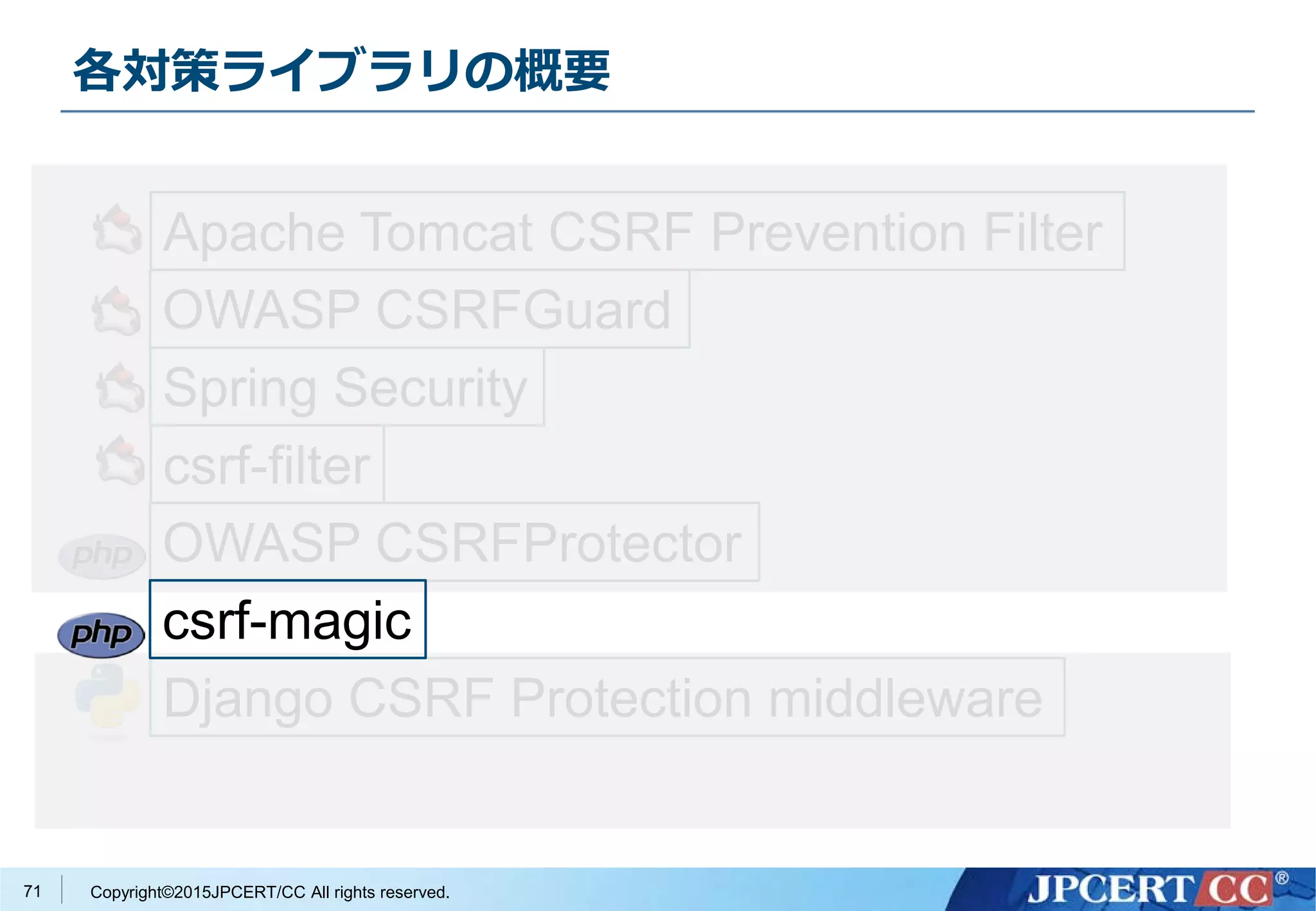 Copyright©2015JPCERT/CC All rights reserved.
各対策ライブラリの概要
71
Apache Tomcat CSRF Prevention Filter
OWASP CSRFGuard
Spring Security
csrf-filter
OWASP CSRFProtector
Django CSRF Protection middleware
csrf-magic
 