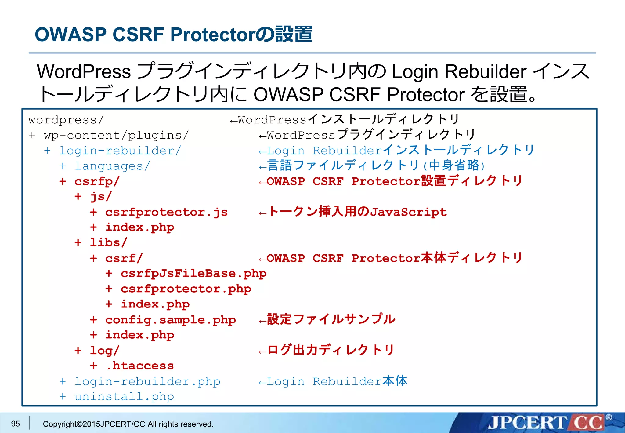 Copyright©2015JPCERT/CC All rights reserved.
OWASP CSRF Protectorの設置
wordpress/ ←WordPressインストールディレクトリ
+ wp-content/plugins/ ←WordPressプラグインディレクトリ
+ login-rebuilder/ ←Login Rebuilderインストールディレクトリ
+ languages/ ←言語ファイルディレクトリ(中身省略)
+ csrfp/ ←OWASP CSRF Protector設置ディレクトリ
+ js/
+ csrfprotector.js ←トークン挿入用のJavaScript
+ index.php
+ libs/
+ csrf/ ←OWASP CSRF Protector本体ディレクトリ
+ csrfpJsFileBase.php
+ csrfprotector.php
+ index.php
+ config.sample.php ←設定ファイルサンプル
+ index.php
+ log/ ←ログ出力ディレクトリ
+ .htaccess
+ login-rebuilder.php ←Login Rebuilder本体
+ uninstall.php
WordPress プラグインディレクトリ内の Login Rebuilder インス
トールディレクトリ内に OWASP CSRF Protector を設置。
95
 