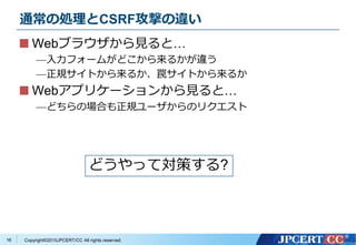 Copyright&copy;2015JPCERT/CC All rights reserved.
通常の処理とCSRF攻撃の違い
Webブラウザから見ると&hellip;
&mdash;入力フォームがどこから来るかが違う
&mdash;正規サイトから来るか、罠サイトから来るか
Webアプリケーションから見ると&hellip;
&mdash;どちらの場合も正規ユーザからのリクエスト
16
どうやって対策する?
 