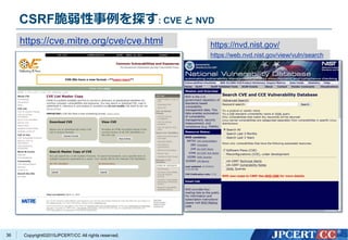 Copyright&copy;2015JPCERT/CC All rights reserved.
CSRF脆弱性事例を探す: CVE と NVD
36
https://cve.mitre.org/cve/cve.html https://nvd.nist.gov/
https://web.nvd.nist.gov/view/vuln/search
 