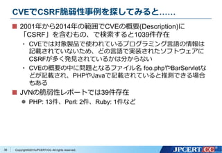 Copyright&copy;2015JPCERT/CC All rights reserved.
CVEでCSRF脆弱性事例を探してみると&hellip;&hellip;
2001年から2014年の範囲でCVEの概要(Description)に
「CSRF」を含むもの、で検索すると1039件存在
&bull; CVEでは対象製品で使われているプログラミング言語の情報は
記載されていないため、どの言語で実装されたソフトウェアに
CSRFが多く発見されているかは分からない
&bull; CVEの概要の中に問題となるファイル名 foo.phpやBarServletな
どが記載され、PHPやJavaで記載されていると推測できる場合
もある
JVNの脆弱性レポートでは39件存在
 PHP: 13件、Perl: 2件、Ruby: 1件など
38
 
