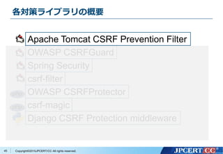Copyright&copy;2015JPCERT/CC All rights reserved.
各対策ライブラリの概要
45
Apache Tomcat CSRF Prevention Filter
OWASP CSRFGuard
Spring Security
csrf-filter
OWASP CSRFProtector
csrf-magic
Django CSRF Protection middleware
 