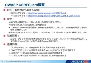 Copyright&copy;2015JPCERT/CC All rights reserved.
OWASP CSRFGuard概要
名称： OWASP CSRFGuard
&mdash; プロジェクトURL： https://www.owasp.org/index.php/CSRFGuard
&mdash; ドキュメントURL： https://www.owasp.org/index.php/CSRFGuard_3_User_Manual
概要：
 OWASPが提供するサーブレット向けのCSRF対策ライブラリ
 CSRF対策としてnonceを用いた検証を行う
 フォームへのnonceの埋め込みにJavaScriptを使用しているため、JavaScriptが使用できない
環境では動作しない
 独立したjarファイルとして配布されているため、サーブレットコンテナの種類に依存しない
対策原理：
&mdash; JavaサーブレットのFilter機構を用いてクライアントとサーブレット本体の間に割り込み、リ
クエストにnonce付加、レスポンス中のnonce検証を行う
適用手順：
1. アプリケーションの classpath へ 本ライブラリの jar を追加する
2. Webアプリケーションの設定を記載する web.xml に本ライブラリを指定する
3. 設定ファイル Owasp.CsrfGuard.properties に設定を記載する
4. クライアントへ応答するWebページを生成する JSP を書き換える
52
 