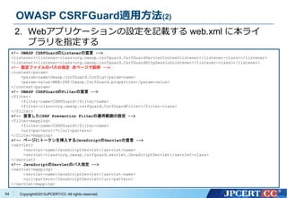 Copyright&copy;2015JPCERT/CC All rights reserved.
OWASP CSRFGuard適用方法(2)
2. Webアプリケーションの設定を記載する web.xml に本ライ
ブラリを指定する
<!&ndash; OWASP CSRFGuardのListenerの宣言 -->
<listener><listener-class>org.owasp.csrfguard.CsrfGuardServletContextListener</listener-class></listener>
<listener><listener-class>org.owasp.csrfguard.CsrfGuardHttpSessionListener</listener-class></listener>
<!&ndash; 設定ファイルのパスの指定 次ページで説明 -->
<context-param>
<param-name>Owasp.CsrfGuard.Config</param-name>
<param-value>WEB-INF/Owasp.CsrfGuard.properties</param-value>
</context-param>
<!&ndash; OWASP CSRFGuardのFilterの宣言 -->
<filter>
<filter-name>CSRFGuard</filter-name>
<filter-class>org.owasp.csrfguard.CsrfGuardFilter</filter-class>
</filter>
<!&ndash;- 宣言したCSRF Prevention Filterの適用範囲の設定 -->
<filter-mapping>
<filter-name>CSRFGuard</filter-name>
<url-pattern>/*</url-pattern>
</filter-mapping>
<!&ndash;- ページにトークンを挿入するJavaScriptのServletの宣言 -->
<servlet>
<servlet-name>JavaScriptServlet</servlet-name>
<servlet-class>org.owasp.csrfguard.servlet.JavaScriptServlet</servlet-class>
</servlet>
<!&ndash;- JavaScriptのServletのパス指定 -->
<servlet-mapping>
<servlet-name>JavaScriptServlet</servlet-name>
<url-pattern>/JavaScriptServlet</url-pattern>
</servlet-mapping>
54
 