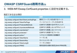 Copyright&copy;2015JPCERT/CC All rights reserved.
OWASP CSRFGuard適用方法(3)
3. WEB-INF/Owasp.CsrfGuard.properties に設定を記載する。
設定キー 説明
org.owasp.csrfguard.NewTokenLandingPage 最初にトークンを生成するページ
org.owasp.csrfguard.TokenPerPage ページごとにトークンを生成する
org.owasp.csrfguard.ProtectedMethods CSRFから保護するHTTPメソッド
org.owasp.csrfguard.UnprotectedMethods CSRFから保護しないHTTPメソッド
org.owasp.csrfguard.unprotected.* CSRFから保護しないファイル
org.owasp.csrfguard.protected.* CSRFから保護するファイル
org.owasp.csrfguard.action.* リクエスト受信時の各種動作
org.owasp.csrfguard.TokenName トークン名
org.owasp.csrfguard.SessionKey セッションキー名
org.owasp.csrfguard.TokenLength トークンの長さ
org.owasp.csrfguard.PRNG 疑似乱数生成器の指定(SHA1PRNG等)
55
指定できる主な項目
 