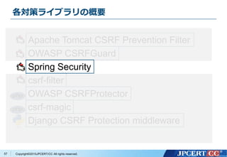 Copyright&copy;2015JPCERT/CC All rights reserved.
各対策ライブラリの概要
57
Apache Tomcat CSRF Prevention Filter
OWASP CSRFGuard
csrf-filter
OWASP CSRFProtector
csrf-magic
Django CSRF Protection middleware
Spring Security
 