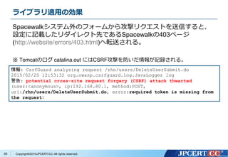 Copyright&copy;2015JPCERT/CC All rights reserved.
ライブラリ適用の効果
Spacewalkシステム外のフォームから攻撃リクエストを送信すると、
設定に記載したリダイレクト先であるSpacewalkの403ページ
(http://website/errors/403.html)へ転送される。
※ Tomcatのログ catalina.out にはCSRF攻撃を防いだ情報が記録される。
情報: CsrfGuard analyzing request /rhn/users/DeleteUserSubmit.do
2015/02/20 12:53:32 org.owasp.csrfguard.log.JavaLogger log
警告: potential cross-site request forgery (CSRF) attack thwarted
(user:<anonymous>, ip:192.168.80.1, method:POST,
uri:/rhn/users/DeleteUserSubmit.do, error:required token is missing from
the request)
85
 