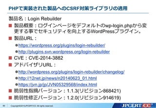 Copyright&copy;2015JPCERT/CC All rights reserved.
PHPで実装された製品へのCSRF対策ライブラリの適用
製品名：Login Rebuilder
製品概要：ログインページをデフォルトのwp-login.phpから変
更する事でセキュリティを向上するWordPressプラグイン。
製品URL：
https://wordpress.org/plugins/login-rebuilder/
http://plugins.svn.wordpress.org/login-rebuilder
CVE：CVE-2014-3882
アドバイザリURL：
http://wordpress.org/plugins/login-rebuilder/changelog/
http://12net.jp/news/n20140623_01.html
https://jvn.jp/jp/JVN05329568/index.html
脆弱性指摘バージョン：1.1.3(リビジョン868421)
脆弱性修正バージョン：1.2.0(リビジョン914619)
89
 