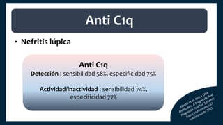 • Nefritis lúpica
Anti C1q
Detección : sensibilidad 58%, especificidad 75%
Actividad/inactividad : sensibilidad 74%,
especificidad 77%
Anti C1q
 