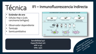 Técnica IFI – Inmunofluorescencia Indirecta
• Estándar de oro
• Células Hep-2 (cels
carcinoma laríngeo)
• Observador dependiente
• Tamizaje
• Semicuantitativo
Sensibilidad 95%
Especificidad 20%
VPP 11-13%
VPN 100%
 