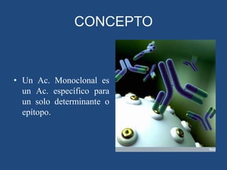 CONCEPTO

• Un Ac. Monoclonal es
un Ac. específico para
un solo determinante o
epítopo.

 
