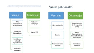 Ventajas
Alta
proporción de
Ac específico
Población
homogénea
Partidas de
calidad
reproducible
Cantidad
ilimitada
Desventajas
Producción
compleja
Caros $$$
Ventajas
Fácil producción
Baratos
Reconocen varios
epitopes
Desventajas
Baja proporción
de Ac específico
(10%)
Mezcla
heterogénea e
irreproducible de
anticuerpos
Cantidades
limitadas
 
