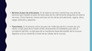 • Barreras al paso de anticuerpos. En el sistema nervioso central hay una serie de
barreras que impiden el paso de toda clase de Acs del torrente sanguíneo al sistema
nervioso. Otras barreras, menos estrictas son las de las articulaciones, vagina, útero,
vejiga, testículos y placenta.
• Transcistosis. Es el proceso activo de paso de moléculas de Acs a través de una
célula. La IgG pasa de la madre al feto atravesando el trofoblasto para salir al
circulatorio del feto. La IgA pasa de la membrana basal del epitelio de la mucosa
digestiva a la luz intestinal a través de las células de la mucosa.
 