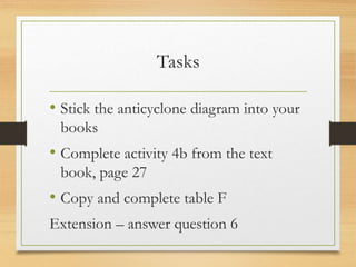Tasks
• Stick the anticyclone diagram into your
books
• Complete activity 4b from the text
book, page 27
• Copy and complete table F
Extension – answer question 6
 