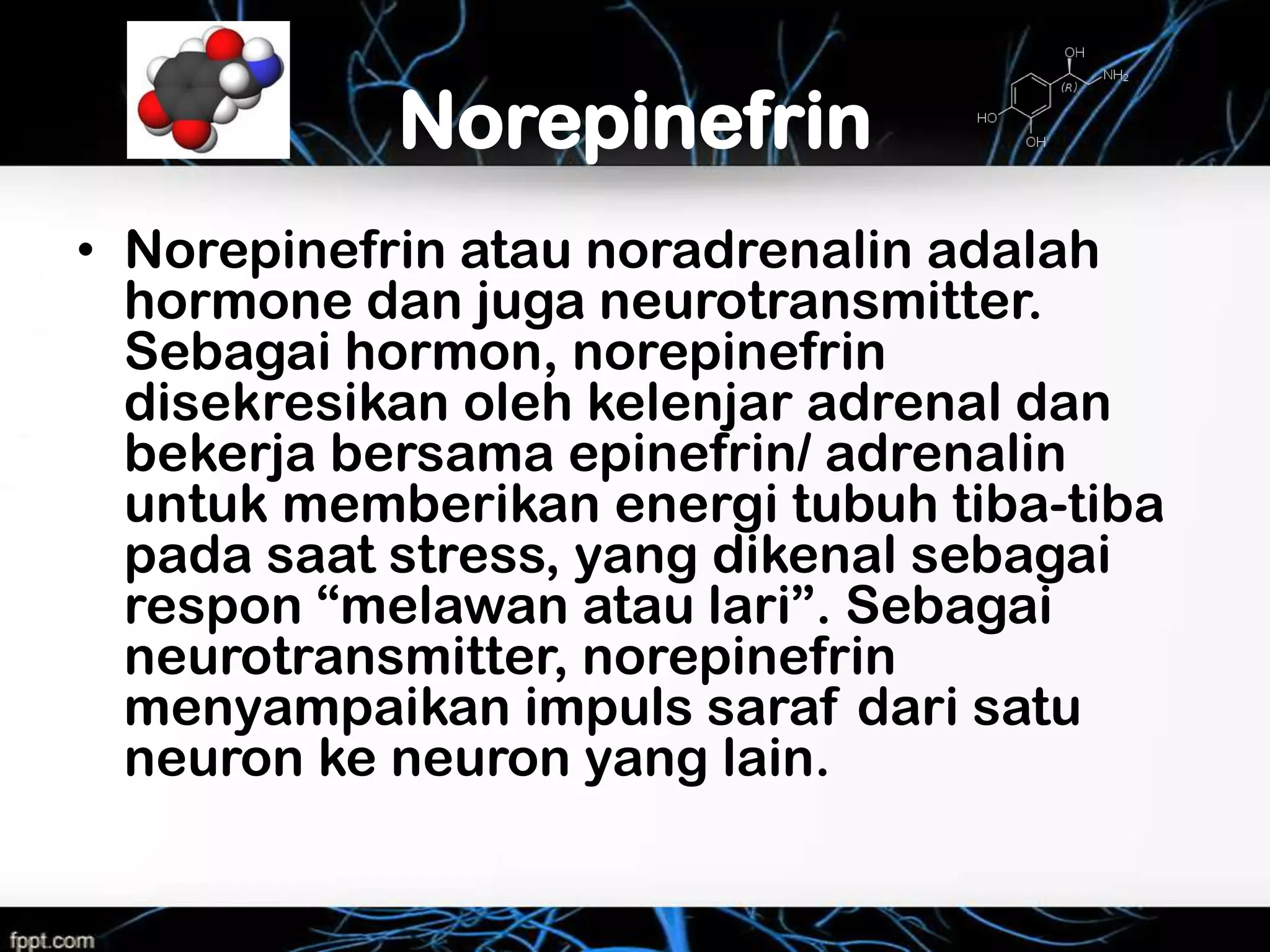 Norepinefrin
• Norepinefrin atau noradrenalin adalah
  hormone dan juga neurotransmitter.
  Sebagai hormon, norepinefrin
  disekresikan oleh kelenjar adrenal dan
  bekerja bersama epinefrin/ adrenalin
  untuk memberikan energi tubuh tiba-tiba
  pada saat stress, yang dikenal sebagai
  respon “melawan atau lari”. Sebagai
  neurotransmitter, norepinefrin
  menyampaikan impuls saraf dari satu
  neuron ke neuron yang lain.
 