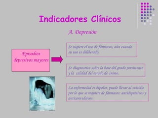 Indicadores Clínicos Episodios depresivos mayores Se sugiere el uso de fármacos, aún cuando su uso es deliberado. Se diagnostica sobre la base del grado persistente y la  calidad del estado de ánimo. La enfermedad es bipolar, puede llevar al suicidio por lo que se requiere de fármacos: antidepresivos y anticonvulsivos A. Depresión 